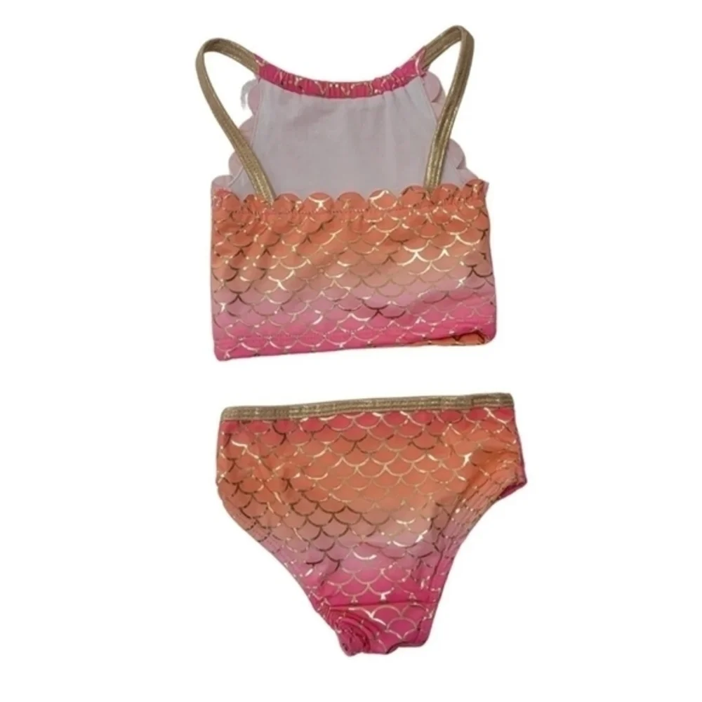 Mermaid Scallop Pink Orange & Metallic Gold Girls 2 Piece Bikini‎ Swimwear. NWT